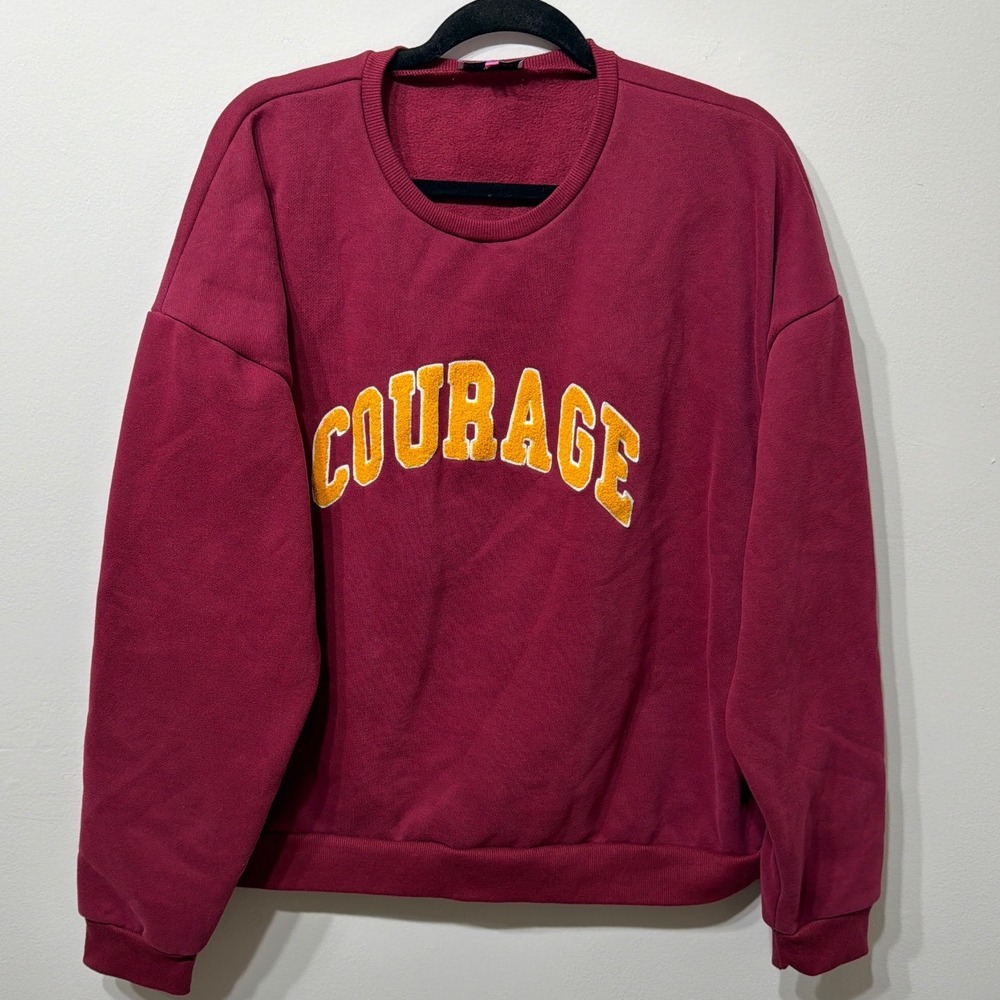 Edikted Courage Graphic Sweatshirt LarBurgundy Maroon Chenille Patch Crewneck Lg